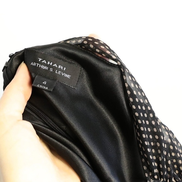 Tahari ASL Arthur Levine black cocktail sheath dress mixed fabric polka dot silk - Picture 3 of 7